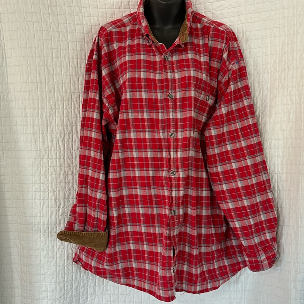 Rustic Ridge Red and Gray Flannel with Brown Corduroy Neck and Cuff Accent